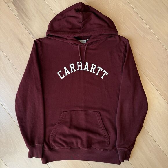 Carhartt WIP Hoodie Medium Maroon Fleece Pullover Hooded University Sweat - Picture 2 of 9